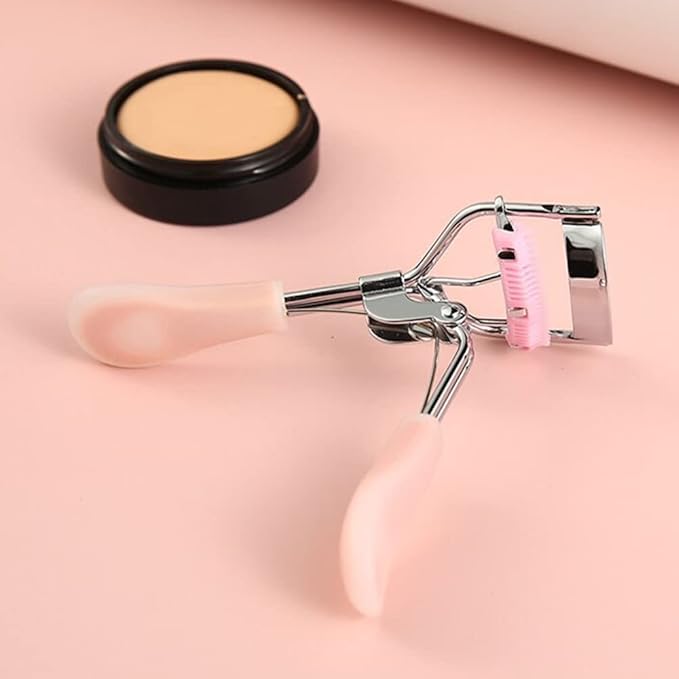 MERVK Stainless Steel Eyelash Curler with Built-in Comb Pinch Pain-Free Suitable for Any Eye Shapes and Sizes, with 5 Silicone Refill Pads (Hazy Pink)