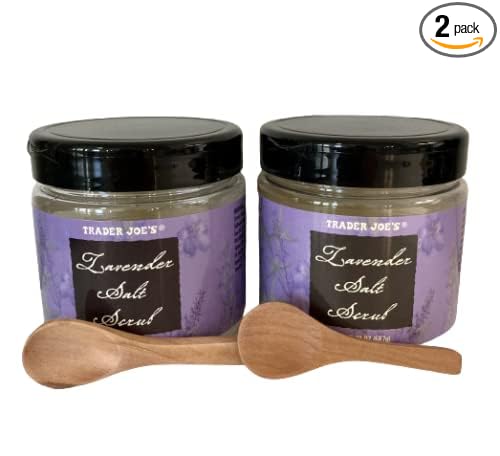 Trader Joe's Lavender Salt Scrub (20 oz Jar) 2-Pack Bundled with a Set of 2 Cosmetic-grade Natural Wooden spoons