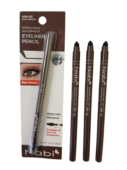 Nabi 3 Pieces Gel Glide Eyeliner Water Proof, Ultra Smooth Up To 24 Hour Wear, Smudge Proof Built In Sharpener & Smudger, Packaging May Vary (VALUE PACK-Dark Brown)