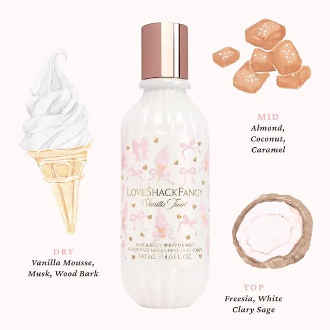 Vanilla Twirl Hair & Body Mist - Sweet Vanilla & Sugar Fragrance Spray for Hair and Skin, Lightweight, Refreshing, Cozy, Layerable Everyday Scent Mist - (8oz/240mL)