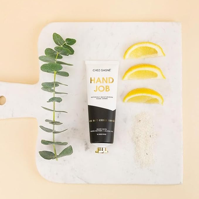 Chez Gagné Vegan Hand Cream for Dry Hands - Hand Job - Sea Salt Citrus and Neroli 3.4oz Non-Greasy Moisturizing Hand Lotion - Made in California - Paraben, Sulfate & Phthalate Free - Funny Gift