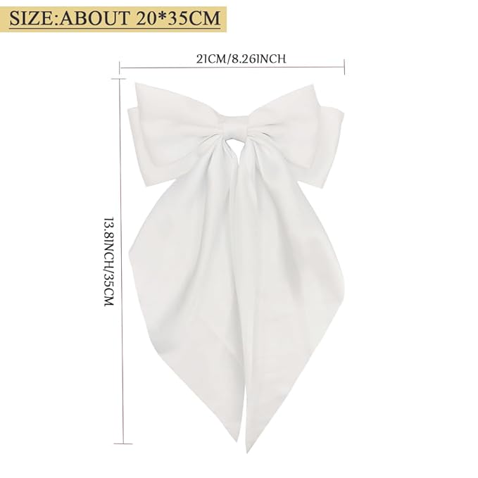 Silky Satin Oversized Long-tail Bow Clip, Large Pure white Hair Bow for Women Girl, Hair Accessories with Long Tail, 1Pcs（Pure white）