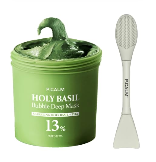 P.CALM Holy Basil Bubble Deep Mask + BRUSH – Holy Basil & Carbonated Water for Cleansing Pores & Blackheads, Korean Clay to Bubble Wash-Off Pack, Stocking Stufffers (90g / 3.17 oz)