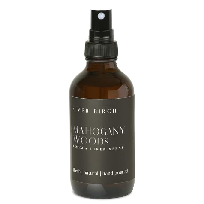 River Birch Mahogany Woods Scented Linen and Room Spray | Home Fragrance | 4 oz Glass Amber Bottle | Luxury Signature Scent | Handmade in Texas