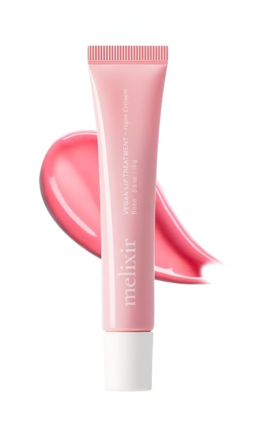 Melixir Vegan Lip Treatment, Sheer Tinted Lip Balm for Instant Hydration & Shine, Moisturizing Lip Gloss, Infused with Vegan Collagen & Jojoba Oil, Cruelty-Free, Korean Skincare-2 Rose(0.5oz/15g)