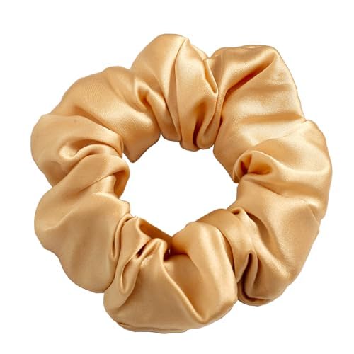 100% Pure Mulberry Silk Hair Scrunchies for Women & Girls, Light Gold, 16 Momme Silk for Curly, Thick or Thin Hair