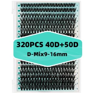 Lash Clusters 320Pcs 40 50D Eyelashes Cluster D Curl Individual Wispy Lashes Cluster for DIY Cluster Eyelash Extensions at Home for Beginners (Mix9-16mm)