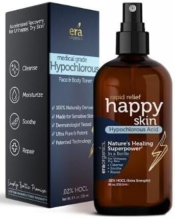 Happy Skin .02% Hypochlorous Acid Spray Toner– Extra Strength, Extra Gentle 100% Natural Toner & Skin Cleanser for Face & Body– Soothe, Hydrate & Repair Dry, Sensitive Skin– pH Balanced, Non-Toxic 8oz