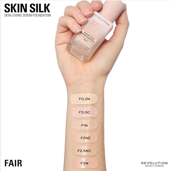 Revolution Skin Silk Radiant Satin Serum Foundation, Buildable Coverage with Hydrating Hyaluronic Acid for a Natural Finish, Vegan & Cruelty-Free, F1N Fair Skin Tones, 0.77 fl oz