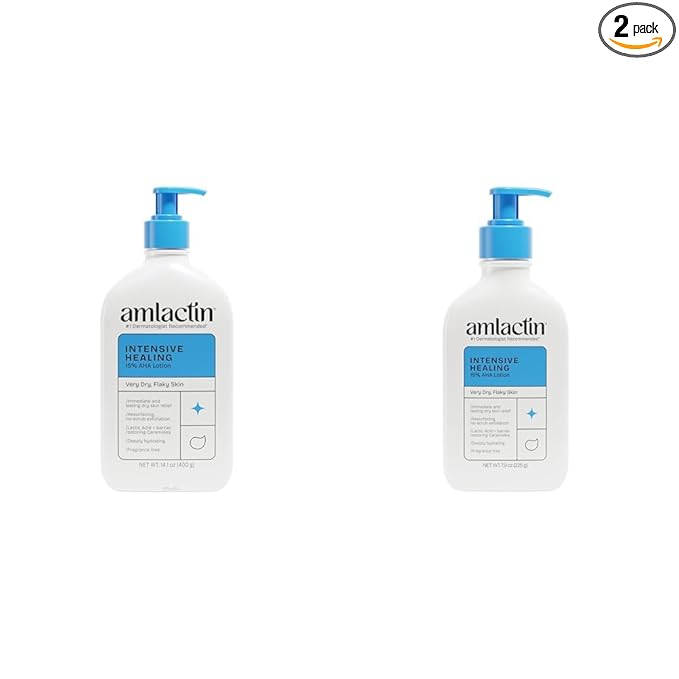 AmLactin Intensive Healing Body Lotion for Dry Skin - 14.1 oz and 7.9 oz Pump Bottles - 2-in-1 Exfoliator & Moisturizer with Ceramides & 15% Lactic Acid