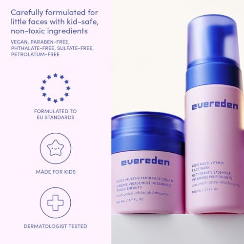 Evereden Happy Kids Skin & Lips Routine - Multi-Vitamin Face Wash & Face Cream Peach & Tinted Lip Oil Ruby Red Set - Clean & Vegan Skin Care for Kids 3+ - Moisturizing, Nourishing, & Protective