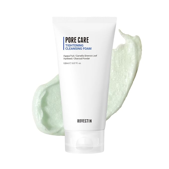 ROVECTIN Pore Tightening Cleansing Foam | Green Papaya, Glycerin, Charcoal Powder, AHA/BHA/PHA for Refining Pore Size, Non-Irritating | Oily, Dull Skin | Vegan (5.07 fl. oz.,150 ml)
