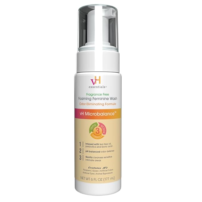 vH essentials Foaming Feminine Wash - Fragrance Free - Ph Balanced, Hypoallergenic, Prebiotics, Natural Botanical Extracts and Vitamins - Odor Eliminating Formula - 6 Fl Oz