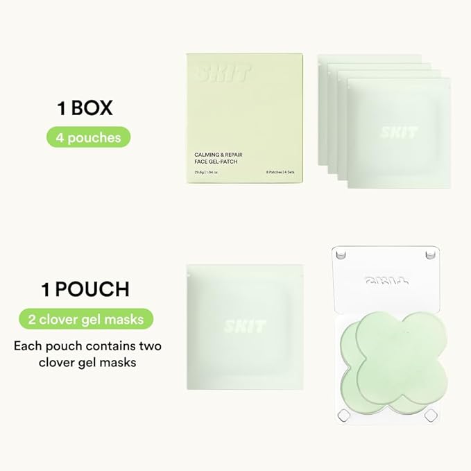 Skit Calming & Repairing Face Gel Patch, Azulene & Cica Clover Mask for Instant Redness Soothing & Pore-Area Comfort, Skin Barrier Support, K-Beauty, 4 Sets (8 Patches)