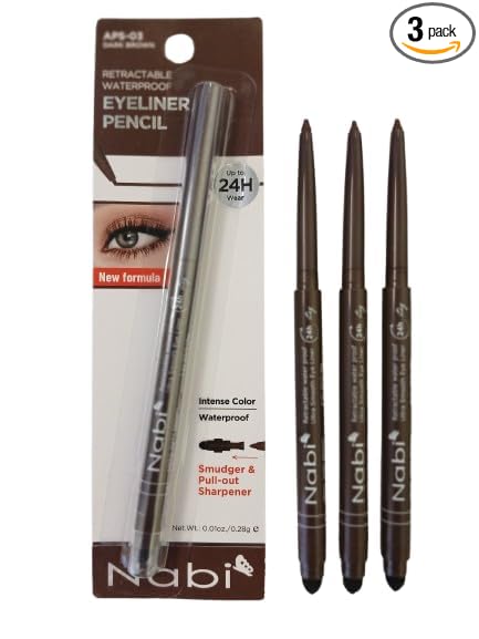 Nabi 3 Pieces Gel Glide Eyeliner Water Proof, Ultra Smooth Up To 24 Hour Wear, Smudge Proof Built In Sharpener & Smudger, Packaging May Vary (VALUE PACK-Dark Brown)