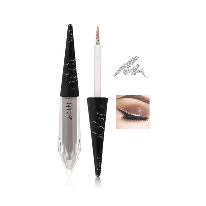 2-in-1 Liquid Glitter Eyeliner & Shimmer Eyeshadow, Waterproof Metallic Eye Makeup with Flexible Brush Tip, Easy to Color, High Pigment Long Lasting Sparkle All-Day (Shiny Silver)