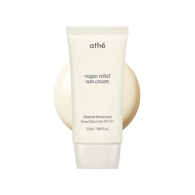 athé Vegan Relief Sun Cream SPF 50+ Broad Spectrum – Fragrance-Free | Sea Buckthorn Oil + 6-Type Hyaluronic Acid + Centella | No White Cast | Vegan K-Beauty | 1.69 fl.oz