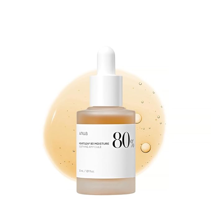 Anua Heartleaf 80 Soothing Ampoule, Hydrating Facial Serum for Glass Skin, Hyaluronic Acid, Panthenol, Lightweight, Non-Greasy Formula, Korean Skincare, 1.01 fl.oz