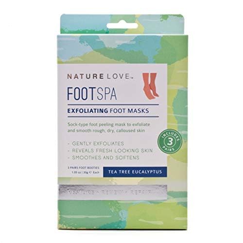 Nature Love Exfoliating Foot Mask | Tea Tree Eucalyptus | Lactic Acid and Urea | Gently Exfoliates and Removes Dead Skin | Paraben Free (3 Pairs)