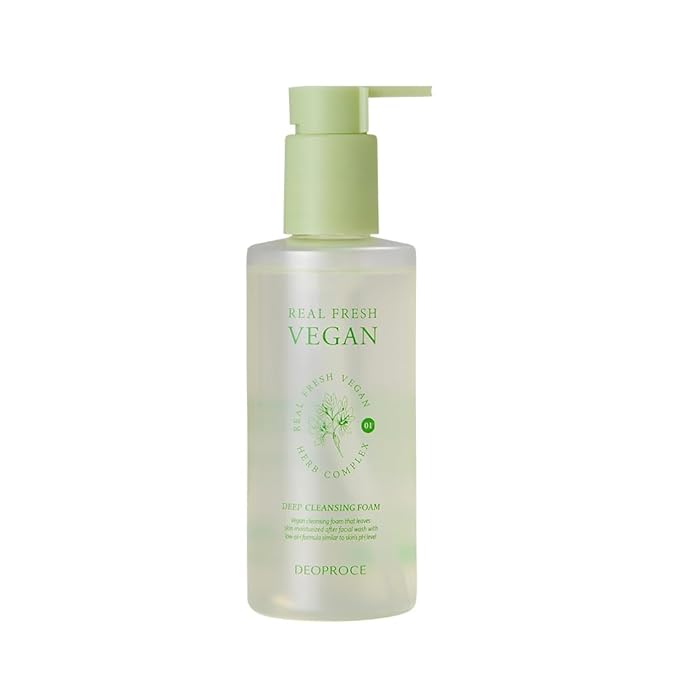 Deoproce Real Fresh Vegan Deep Cleansing Foam 200 ml, Korean Skincare, Moisturizing Face Wash with Plant Extracts, Allantoin, Tones, Improves Complexion
