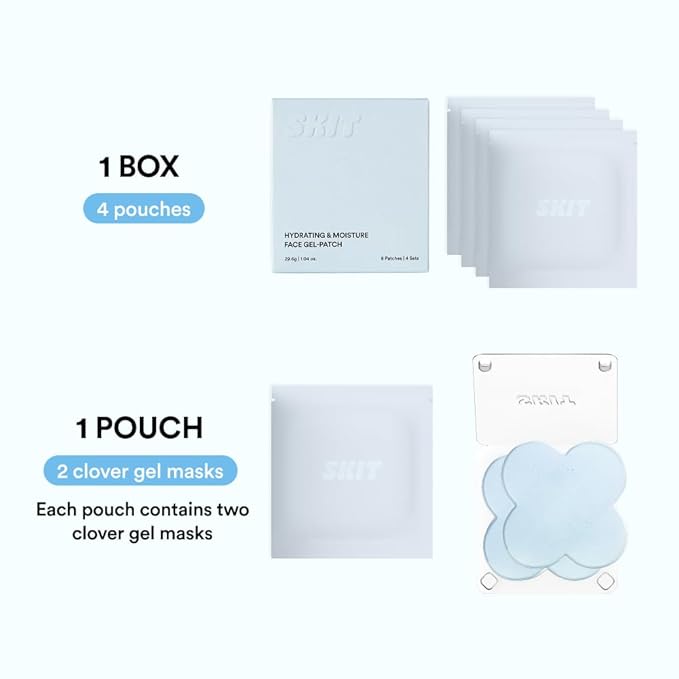 Skit Hydrating & Moisture Face Gel Patch | Hyaluronic Acid Hydrogel Patches with Glyceryl Glucoside for Deep Hydration & Soothing Care, Targeted Clover Mask, Korean Skincare | 4 Sets (8 Patches)