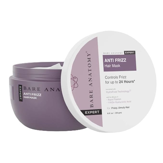Bare Anatomy Anti Frizz Hair Mask | 250ml | Powered By Hyaluronic Acid & Fatty Acids | For Deep Conditioned & Frizz Free Hair | Sulphate & Paraben Free | Women & Men