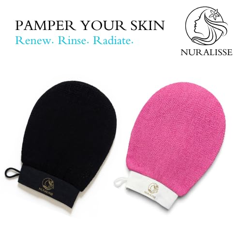 Skincare Premium Exfoliating Mitt – Vegan Viscose exfoliating Kessa Glove for Self-Tan Removal, Keratosis Pilaris & Smooth, Radiant Skin (Black & Pink, 2 Mitts)