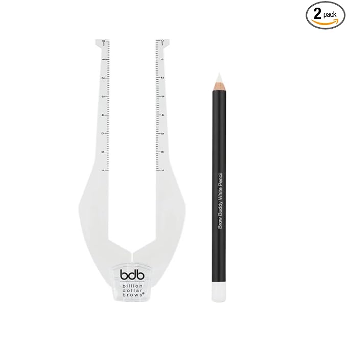 Billion Dollar Brows Brow Buddy Kit - Patented Symmetrical Eyebrow Shaping Tool and Contouring Stencil - Professional Brow Mapping Set with White Pencil for Tweezing, Waxing and Threading - 2 Pieces