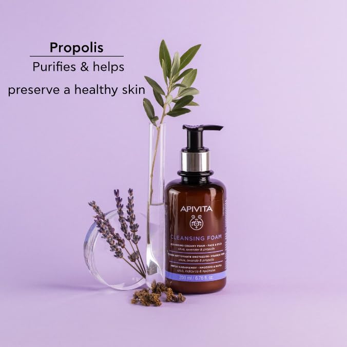 Apivita Cleansing Foam, Hydrating & Soothing Cleansing Creamy Foam for Face & Eyes with Olive, Lavender & Propolis