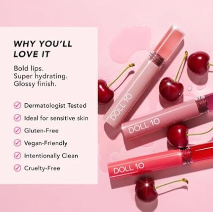 Doll 10 Peptide Plumping Satin Lip Stain – Hydrating Lip Tint w/Hyaluronic Acid & Peptides - Long-Lasting, Lightweight, Semi-Matte Finish- Clean -Cruelty/Paraben Free- .11oz [Satin Rose/Soft Pink]