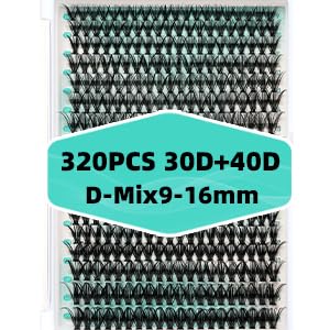 Lash Clusters 320Pcs 30 40D Eyelashes Cluster D Curl Individual Wispy Lashes Cluster for DIY Cluster Eyelash Extensions at Home for Beginners (Mix9-16mm)