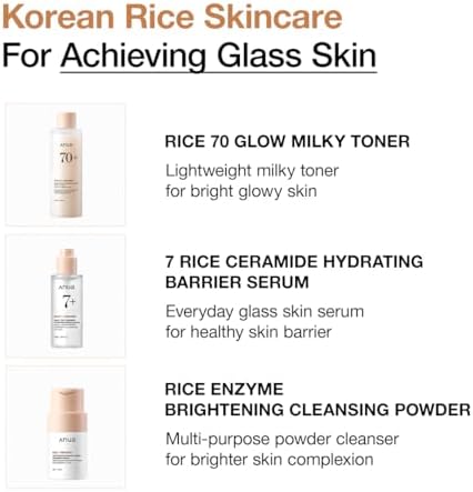 Anua Rice Skin Care Set – Rice Cleansing Powder Face Wash, Korean Milky Toner & Hydrating Serum with Ceramide, Hyaluronic Acid, Brightening for a Glass Skin Look, Non-Comedogenic, Korean Skincare