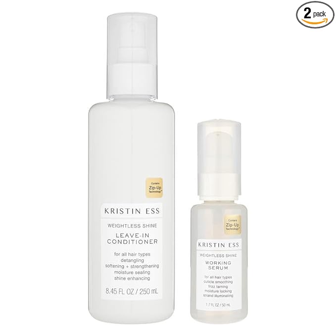 Kristin Ess Styling Bundle, Hydrating Salon Leave In Conditioner Spray for Strength + Shine - Lightweight Anti Frizz Detangler for Women + Weightless Shine Working Hair Serum for Dry Damaged Hair