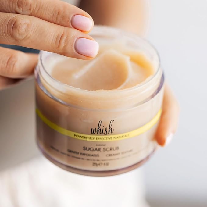 Whish Beauty Coconut Exfoliating Sugar Scrub - Body Scrub for Women - Brown Sugar Exfoliator with Raspberry, Aloe, & Shea Butter - Gentle on All Skin Types - Paraben & Sulfate Free - 8 oz