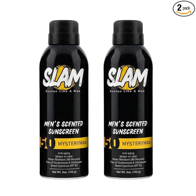 SLAM Men’s Sunscreen SPF 50 Spray - Broad Spectrum UVA/UVB Protection - Non-Greasy & No Harsh Chemicals - MysteryMan Sandalwood Tonka Bean Sage Cologne Scented - 2 Pack
