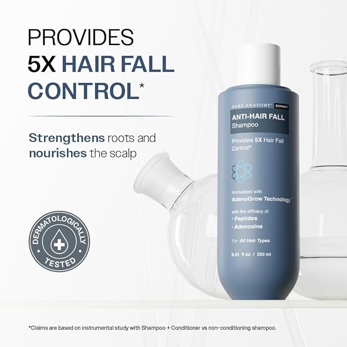 Bare Anatomy Anti-Hair Fall Shampoo | Provides 5x Hair Fall Control | pH 4.6 | Adenosine & Peptides | Strengthens Weak Roots & Reduces Breakage | Sulphate & Paraben Free | Unisex | 250ml