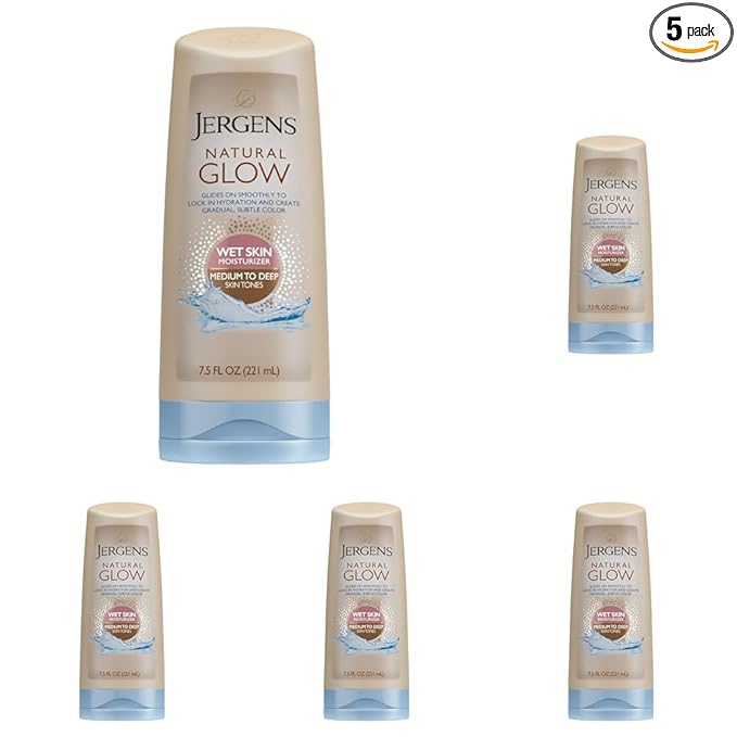 Jergens Natural Glow In Shower Lotion, Self Tanner for Medium to Deep Skin Tone, Sunless Tanning Wet Skin Lotion for Gradual, Flawless Color, 7.5 Ounce (Packaging May Vary) (Pack of 5)