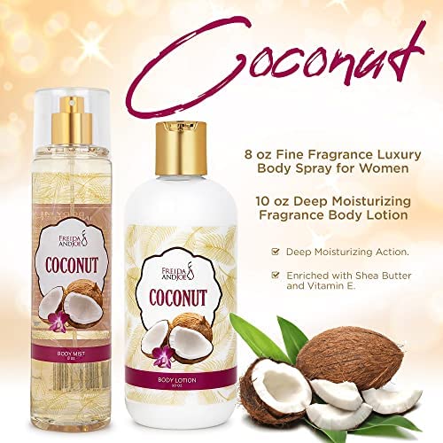 Home Spa Gift 10oz Deep Moisturizing Fragrance Body Lotion & 8 oz. Fine Fragrance Body Mist Set Luxury Self-Care Combo for Women and Girls (Coconut) – Mother's Day Gift for Mom