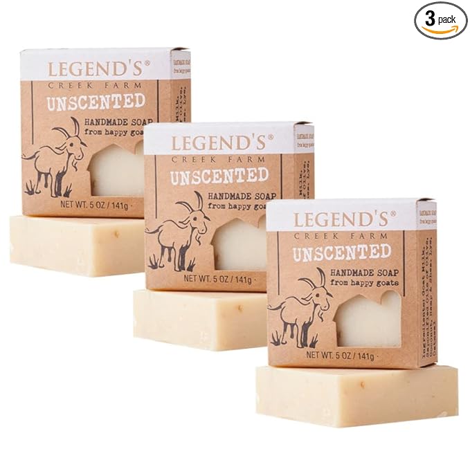Legend's Creek Farm Goat Milk Soap - Cleansing Moisturizing Bar for Hands and Body - 5 Oz Creamy Lather, Nourishing, Gentle Natural Soap for Sensitive Skin, Handmade in USA (Unscented, Pack of 3)