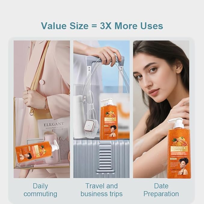 Turmeric Bar Soap & Turmeric Orange Vitamin C Body Wash with Cocoa Seed Exfoliant, Mattifying Scrub for Uneven Skin Texture, Body-Only Daily Use