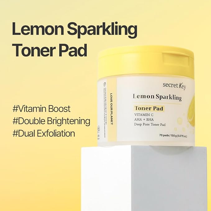 SECRETKEY Lemon Sparkling Toner Pads, Lemon & Vitamin C with AHA and BHA, For Radiant-Looking and Hydrated Skin, Daily Facial Pads for Dull Skin and Pores, Korean Skincare (6.00 oz / 170g)