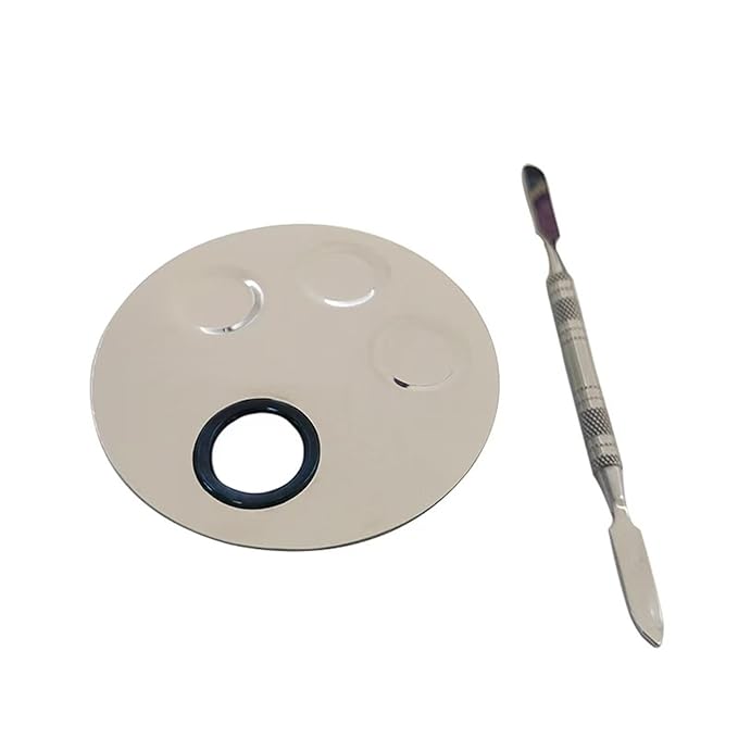 1Set of Round 4 Hole Stainless Steel Mixing Palette With Spatula For Nail Eye Shadow Eyelash Pigment Blending Foundation (Round 4 hole color palette)
