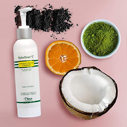 Dinur Cosmetics HydraXtract C Activated Charcoal Cleanser Daily Exfoliator for Deep Cleansing Removes Dirt & Makeup Rich in Vitamin C for All Skin Types 6 fl. oz. 177 ml.