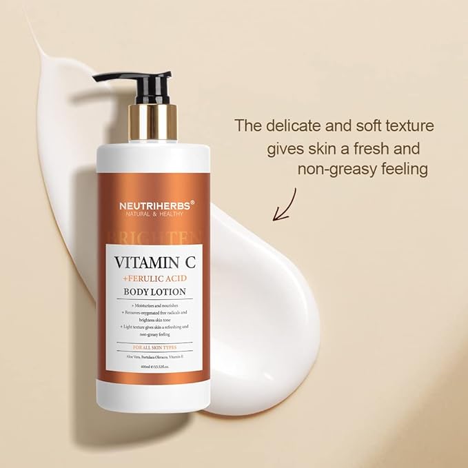 Neutriherbs Body Lotion for Women Dry Skin with Vitamin C + Ferulic Acid Natural Body Lotion Moisturizes and Nourishes for All Skin Types 13.52 Fl Oz Pump Bottle