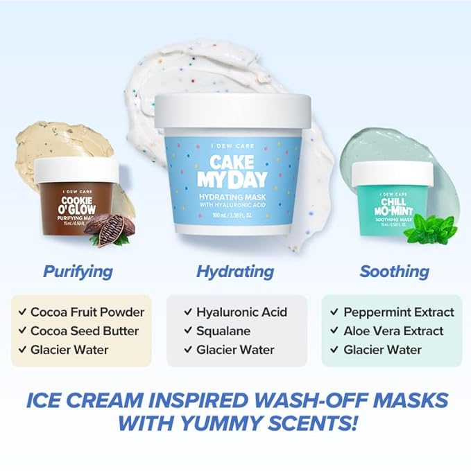 I DEW CARE Wash Off Face Mask Set - Sundae Scoop | Skincare Set for Girls & Teens, Face Mask Kit, Moisturizing & Soothing, Hydrating, Hyaluronic Acid, Travel Mini, Stocking Stuffers, Teen Girl Gifts