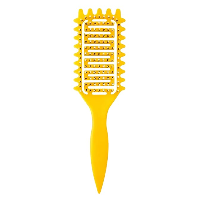 Curl Defining Brush for Curly Hair, Vented Detangling Hair Brush for Wet and Dry Styling, Curved Brush for Shaping and Smoothing Curl Clumps, Lightweight Hair Brush （Yellow）