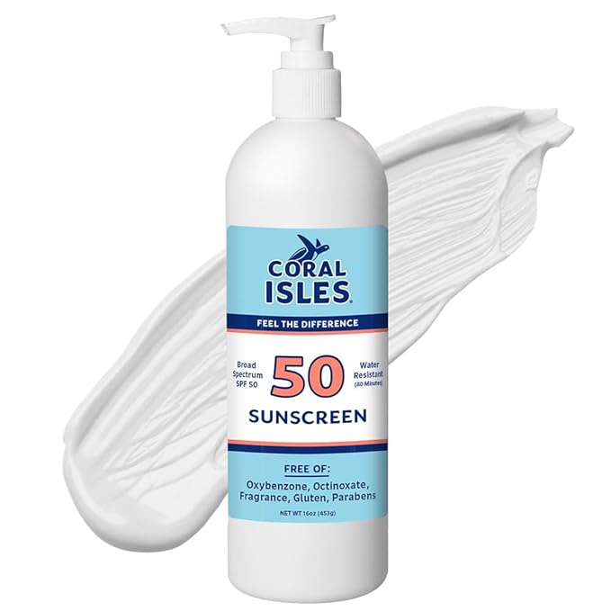 Coral Isles Sunscreen SPF 50 | Hawaii Compliant as Reef Safe | Octinoxate & Oxybenzone Free | Broad Spectrum UVA/UVB Protection | Water Resistant 80 Min. | Fragrance Free | 16 Fl Oz (Pack of 1))
