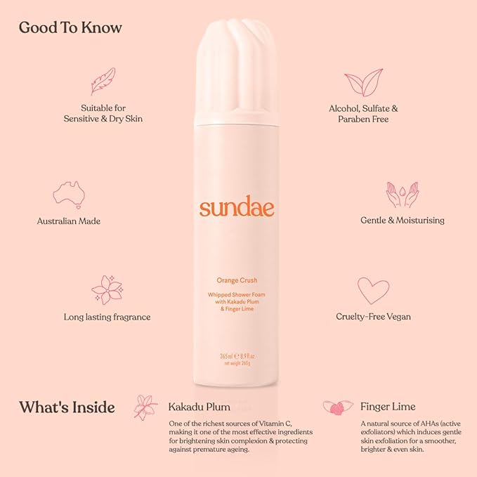 sundae Whipped Shower Foam Orange Foaming Body Wash 8.9 fl oz, 265ml with Kakadu Plum & Finger Lime