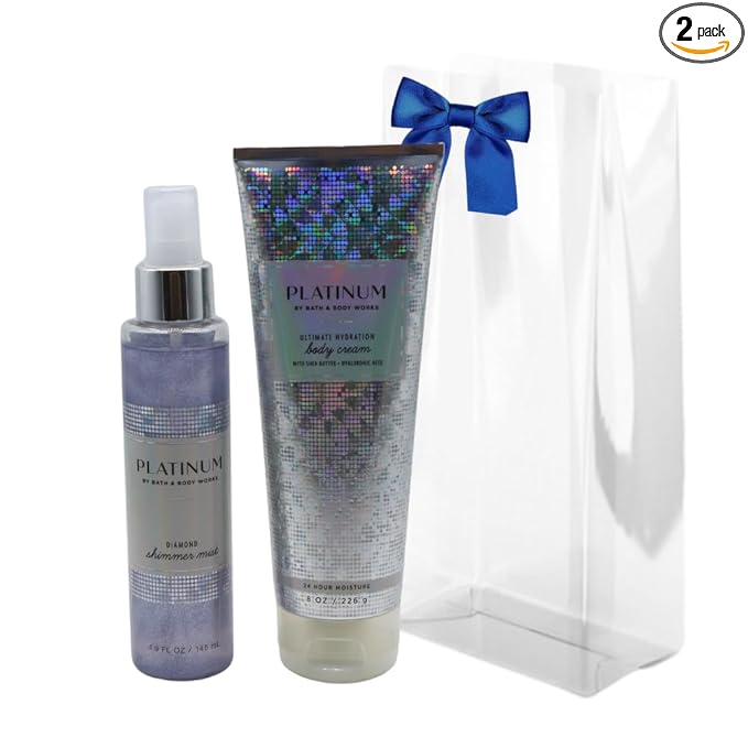 Bath & Body Works PLATINUM Diamond Shimmer Mist & Ultimate Hydration Body Cream 2pc bundle with a Blue Bow for Holidays & Gifts