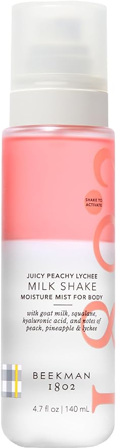 Beekman 1802 Milk Shake Hydrating Body Mist – Alcohol-Free Moisture with Goat Milk, Hyaluronic Acid & Squalane, Lightweight Skin Softening Spray for Sensitive Skin – Juicy Peachy Lychee, 4.7 Fl Oz